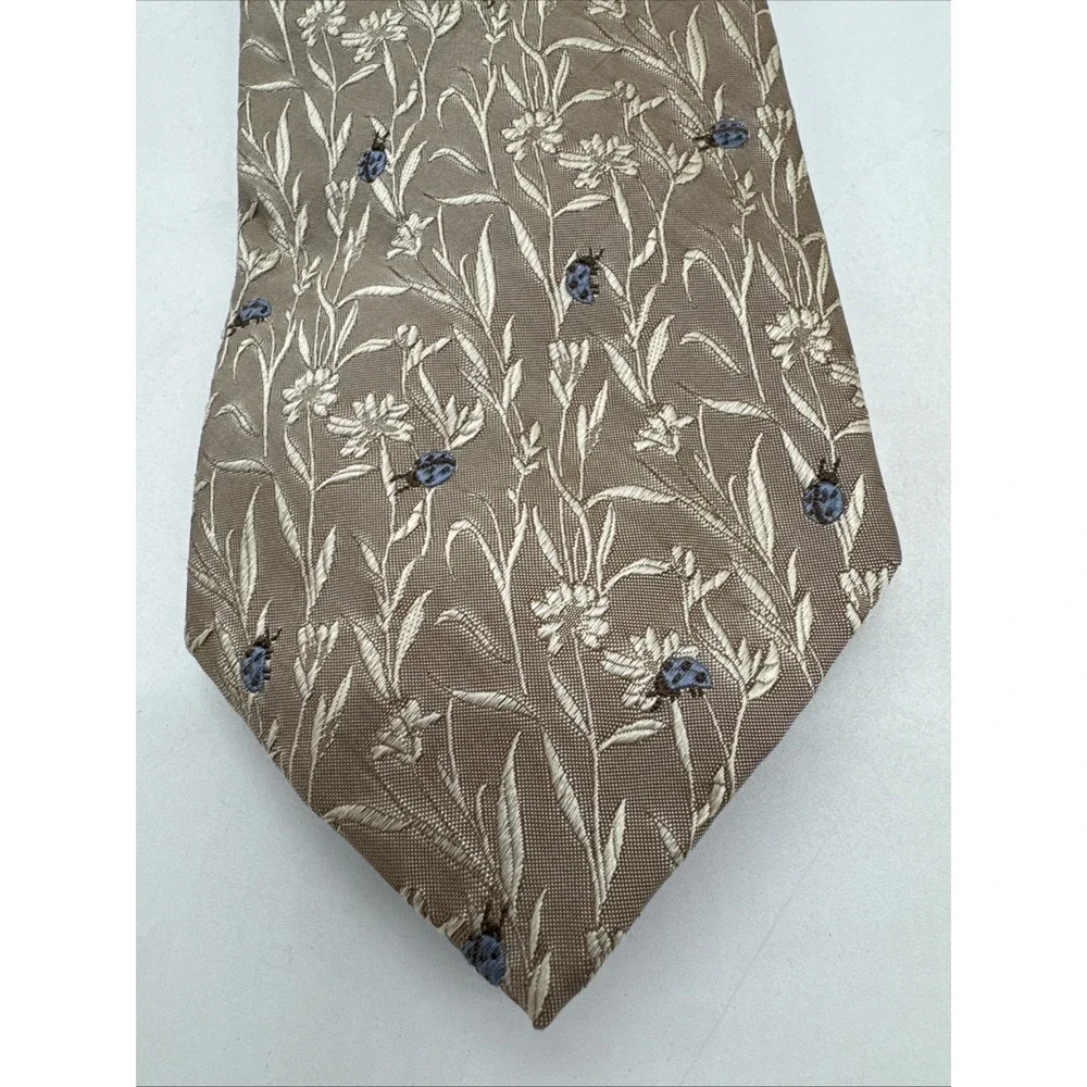 VILLA BOLGHERI Men's Silk Necktie ITALY Designer Floral Embroidery Blue Ladybugs
